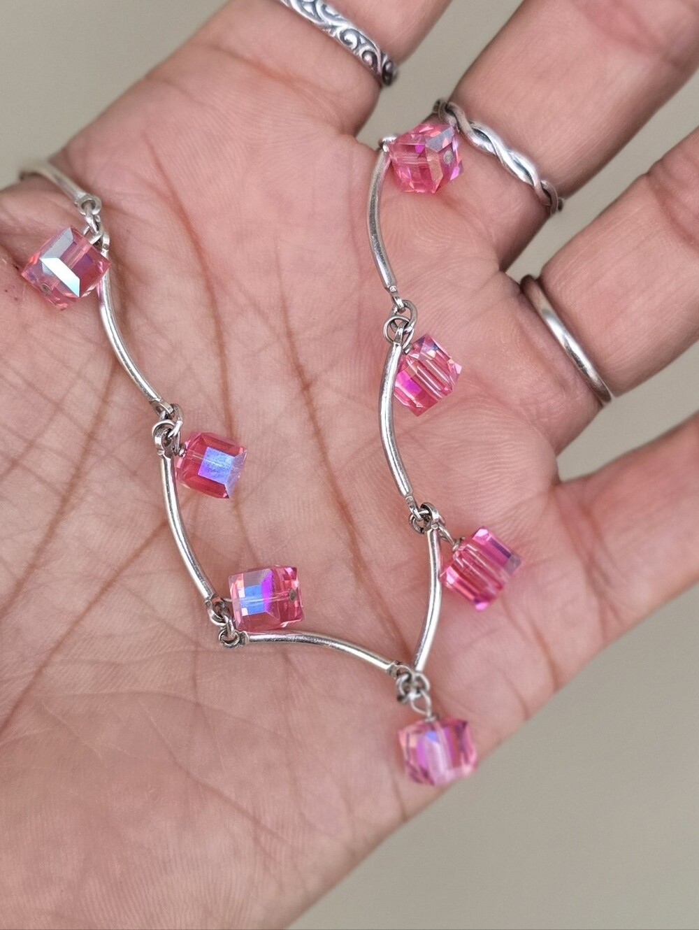 Stunning vintage pink crystal cube curved tube 925 sterling silver necklace